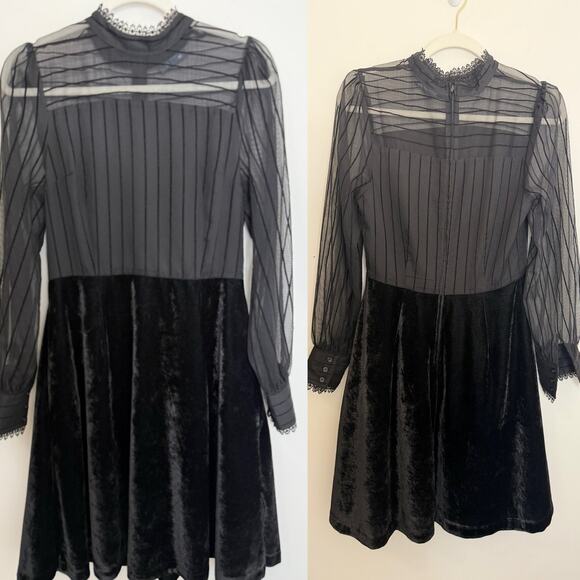 Black Velvet Mesh High Neck Dress | City Girl Goth Evening Vibes - Picture 2 of 13